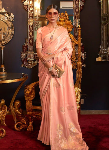 Peach Color Zari Weaving Satin Silk Sarees Blouse Design